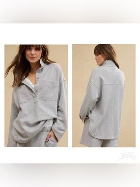 Aerie Popover Polo Sweatshirt Oversized Comfy Cozy Fleece Gray Sz L